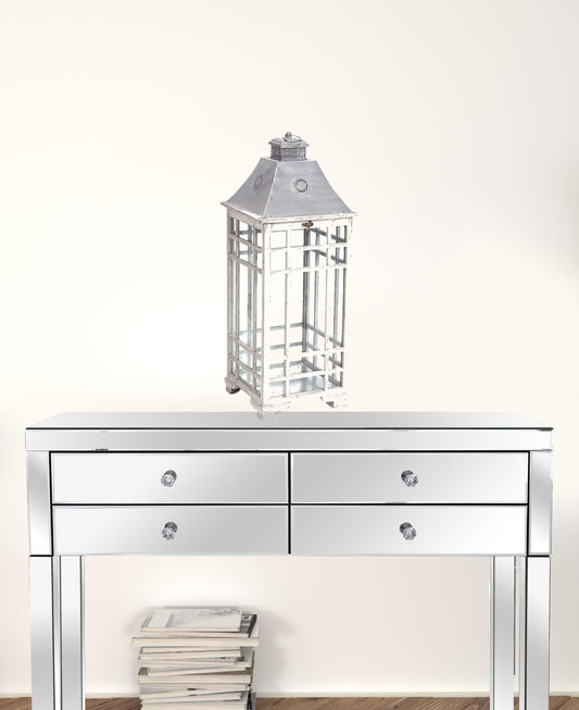 Set of Two White and Silver Metal Geometric Floor Lantern Candle Holders