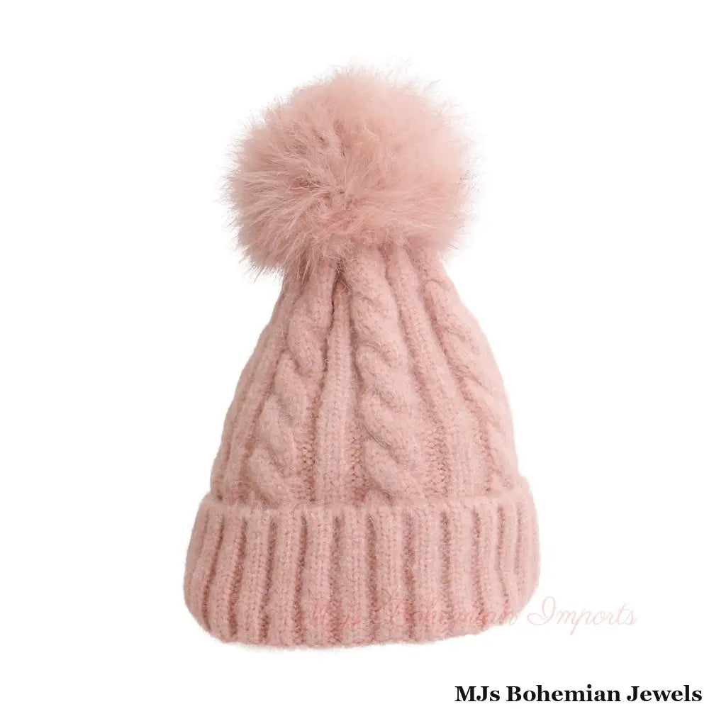 Dusty Pink Fox Fur Pom Beanie