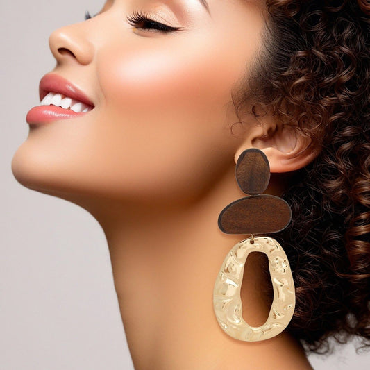 Drop Brown Wood Geometric Bead Gold Earrings